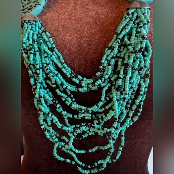 Boho Faux Turquoise Long Multi Strand Beaded Necklace With Circles - Picture 7 of 7